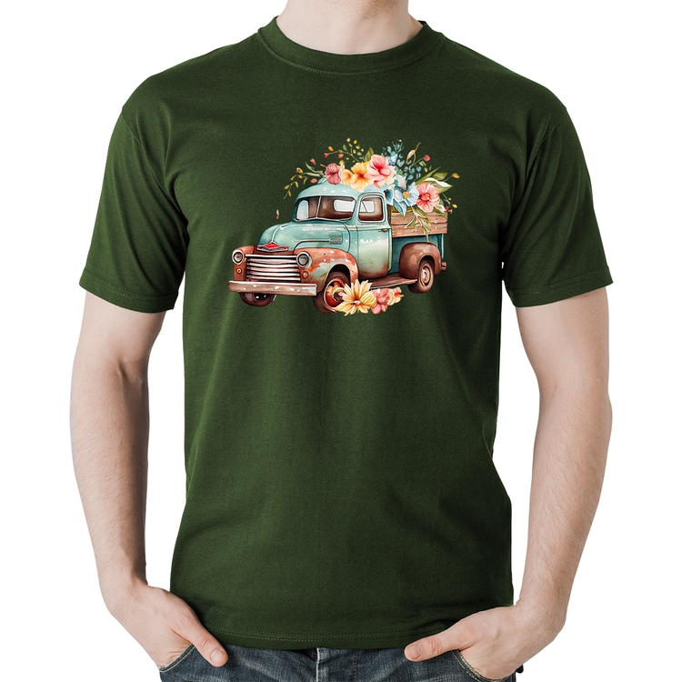 Camiseta Algodão Caminhão Vintage e Flores - Musgo