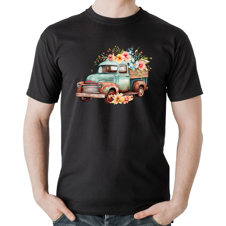 Camiseta Algodão Caminhão Vintage e Flores