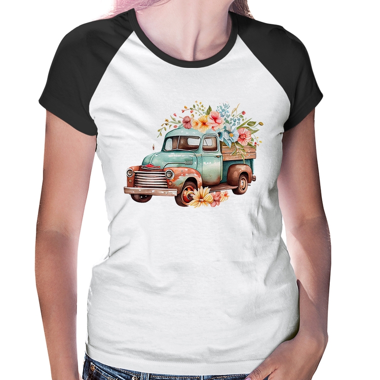 Baby Look Raglan Caminhão Vintage e Flores