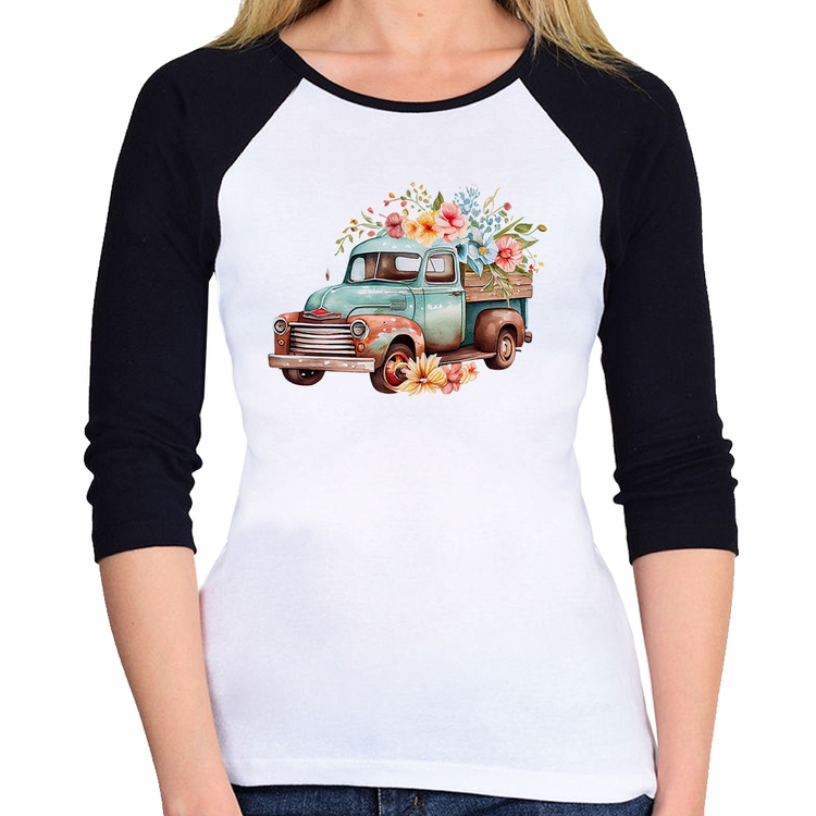 Baby Look Raglan Caminhão Vintage e Flores Manga 3/4