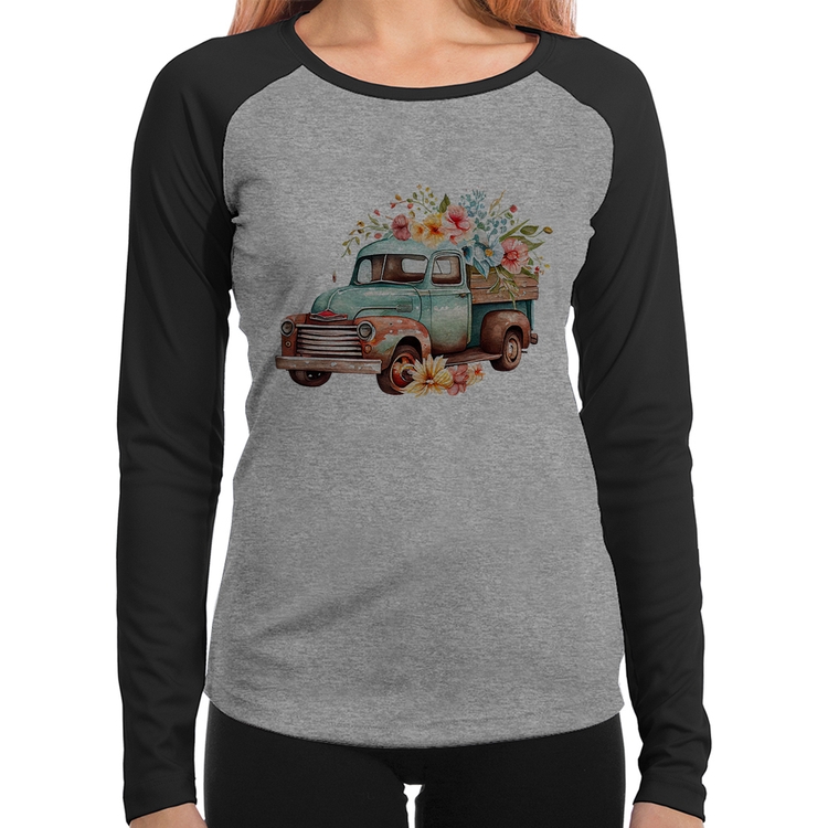 Baby Look Raglan Caminhão Vintage e Flores Manga Longa - Cinza/Preto