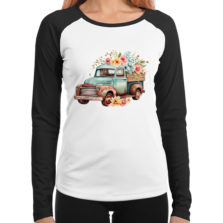 Baby Look Raglan Caminhão Vintage e Flores Manga Longa