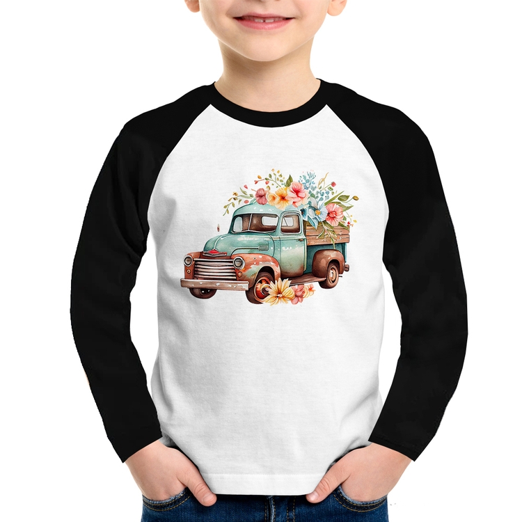 Camiseta Raglan Infantil Caminhão Vintage e Flores Manga Longa