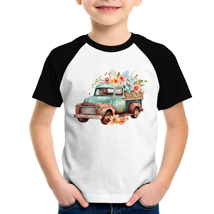 Camiseta Raglan Infantil Caminhão Vintage e Flores