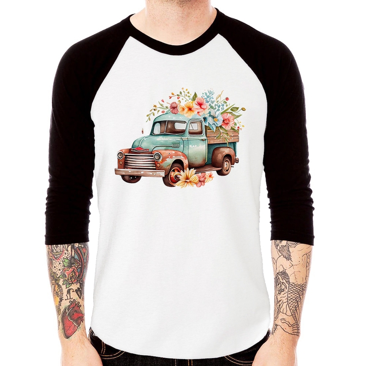 Camiseta Raglan Caminhão Vintage e Flores Manga 3/4