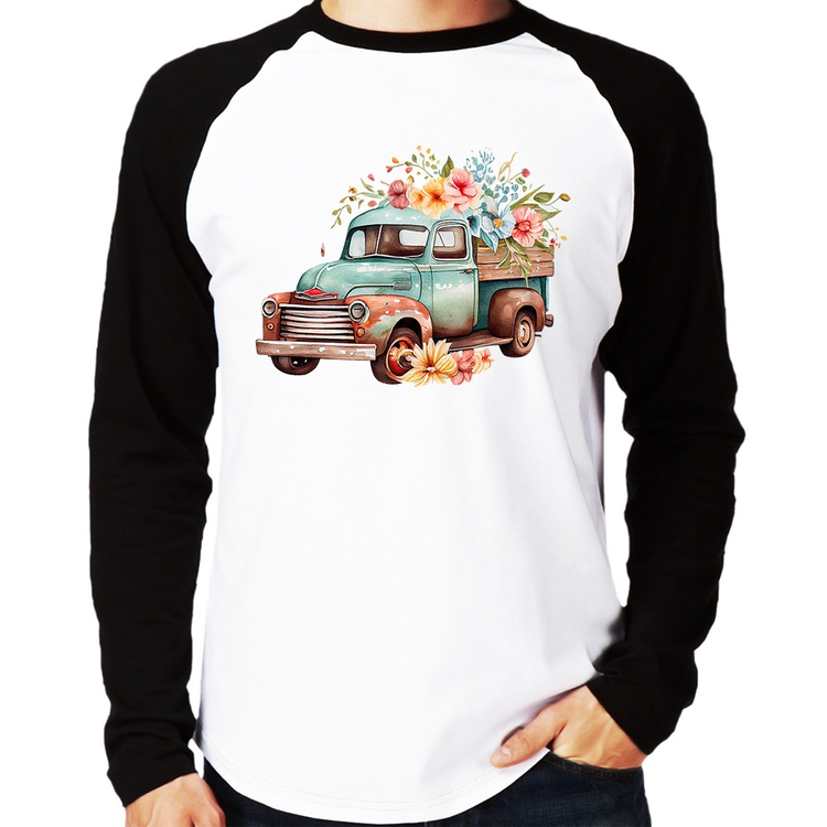 Camiseta Raglan Caminhão Vintage e Flores Manga Longa