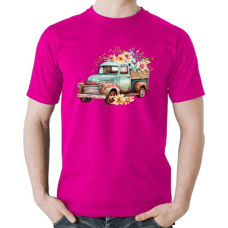 Camiseta Algodão Caminhão Vintage e Flores - Rosa