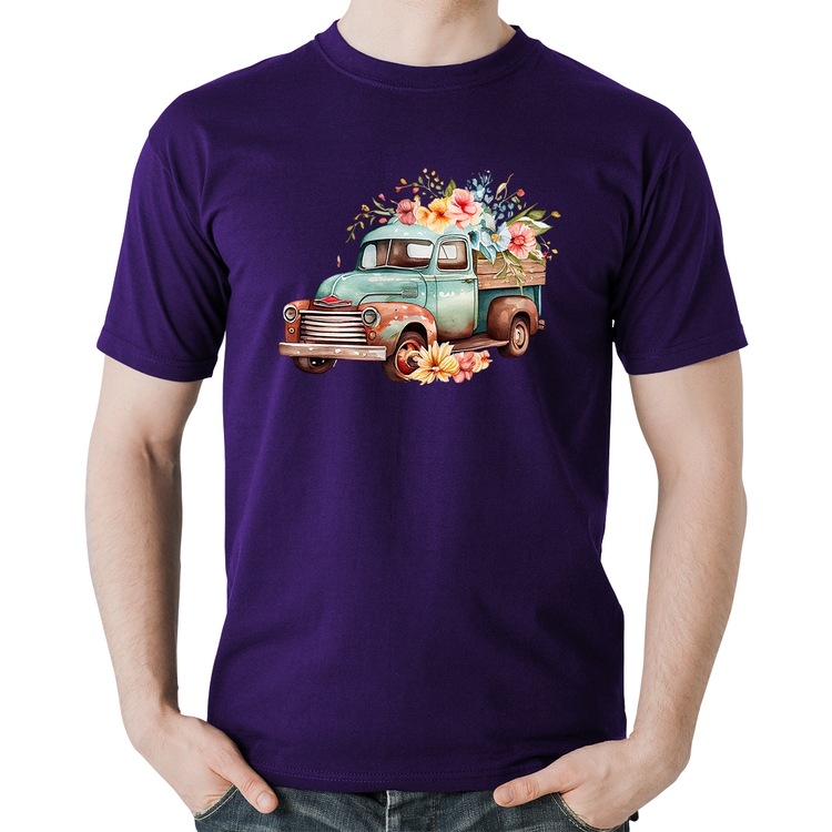 Camiseta Algodão Caminhão Vintage e Flores - Roxa