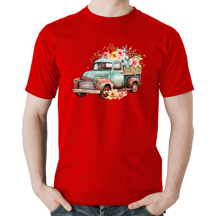 Camiseta Algodão Caminhão Vintage e Flores - Vermelha
