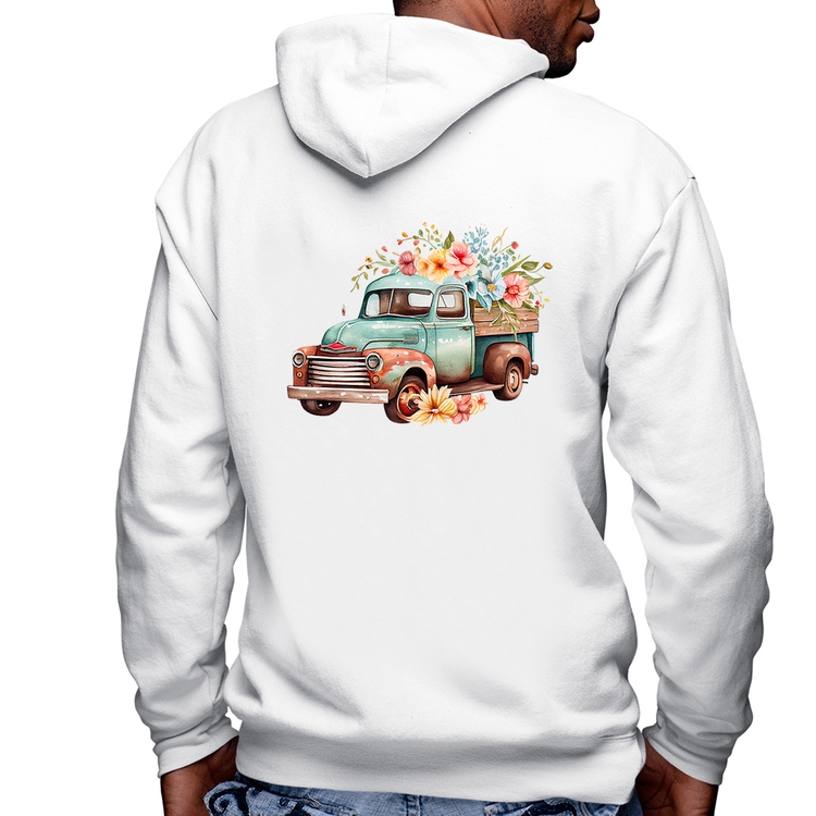 Blusa Moletom Caminhão Vintage e Flores Masculina com Capuz e Zíper - Branca