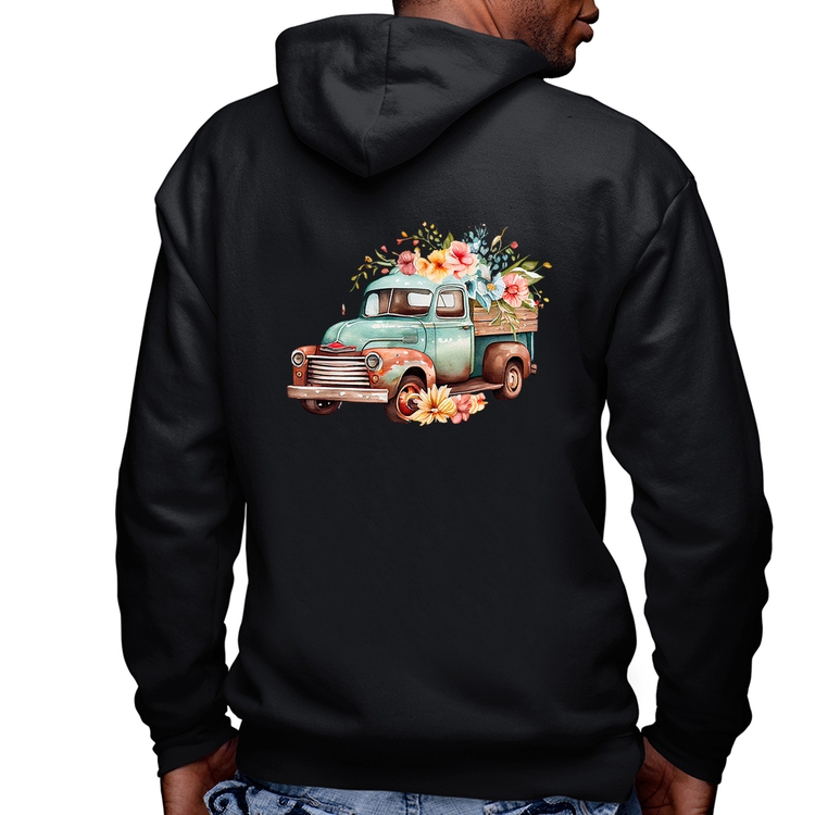Blusa Moletom Caminhão Vintage e Flores Masculina com Capuz e Zíper
