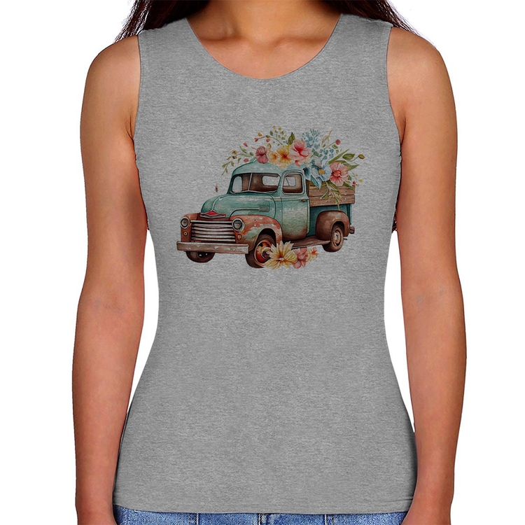 Regata Feminina Caminhão Vintage e Flores - Cinza