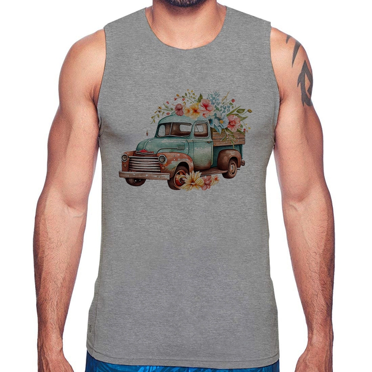 Regata Caminhão Vintage e Flores - Cinza