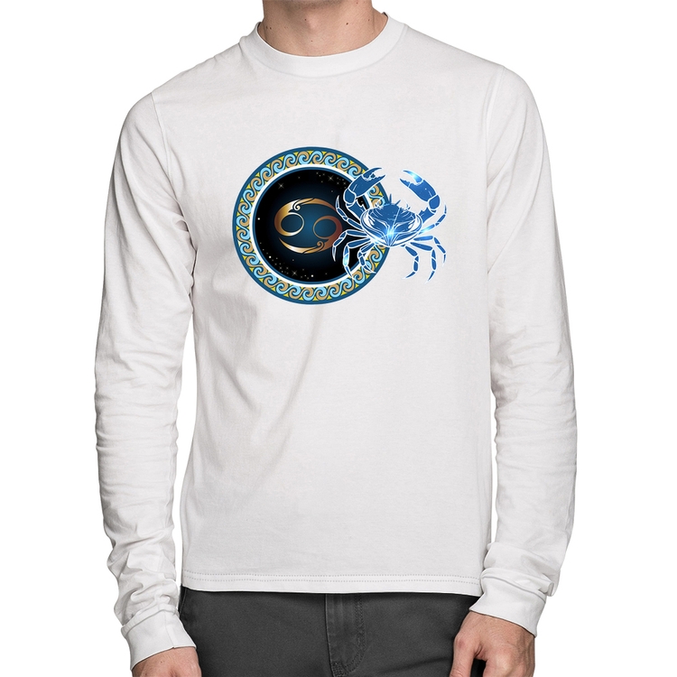 Camiseta Algodão Signo Câncer Astrologia Manga Longa - Branca