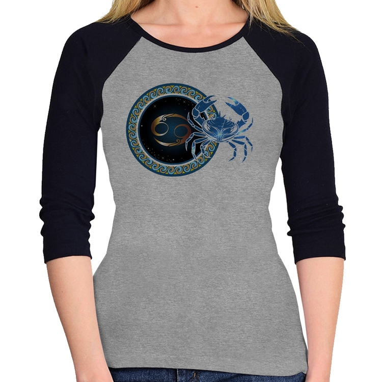 Baby Look Raglan Signo Câncer Astrologia Manga 3/4 - Cinza/Preto