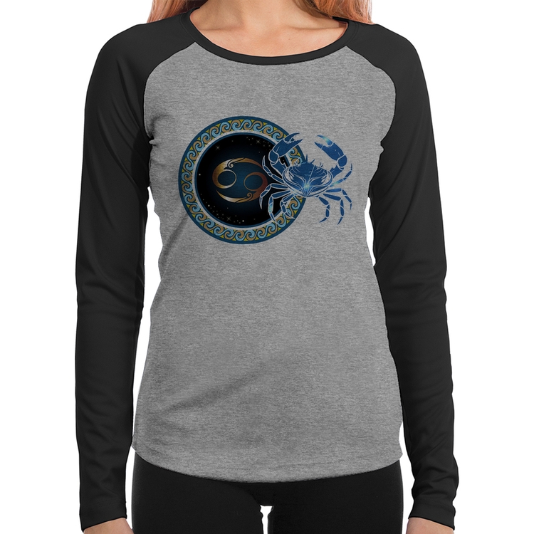 Baby Look Raglan Signo Câncer Astrologia Manga Longa - Cinza/Preto