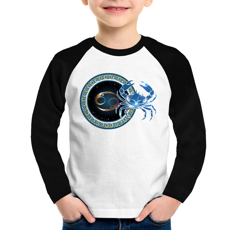 Camiseta Raglan Infantil Signo Câncer Astrologia Manga Longa