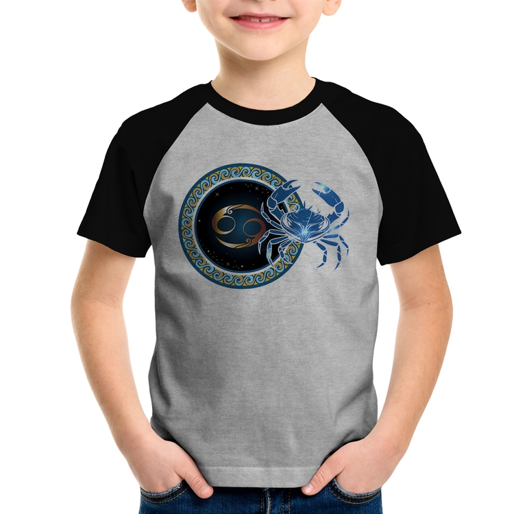 Camiseta Raglan Infantil Signo Câncer Astrologia - Cinza/Preto