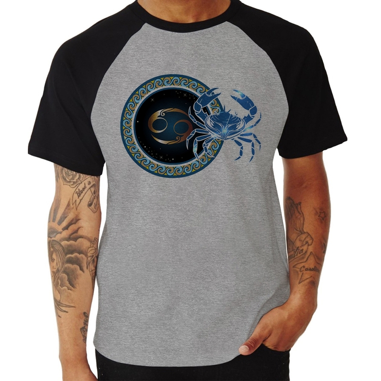 Camiseta Raglan Signo Câncer Astrologia - Cinza/Preto