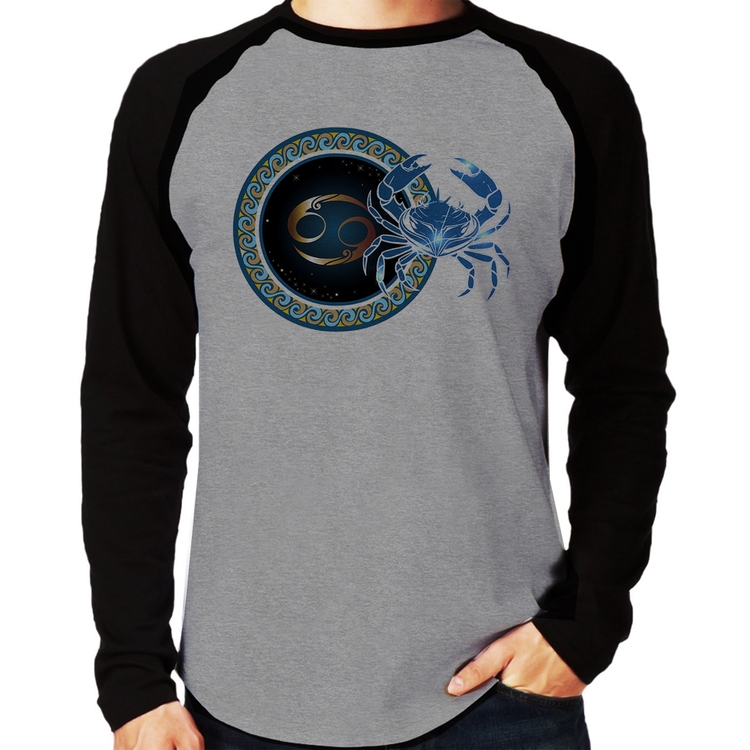 Camiseta Raglan Signo Câncer Astrologia Manga Longa - Cinza/Preto