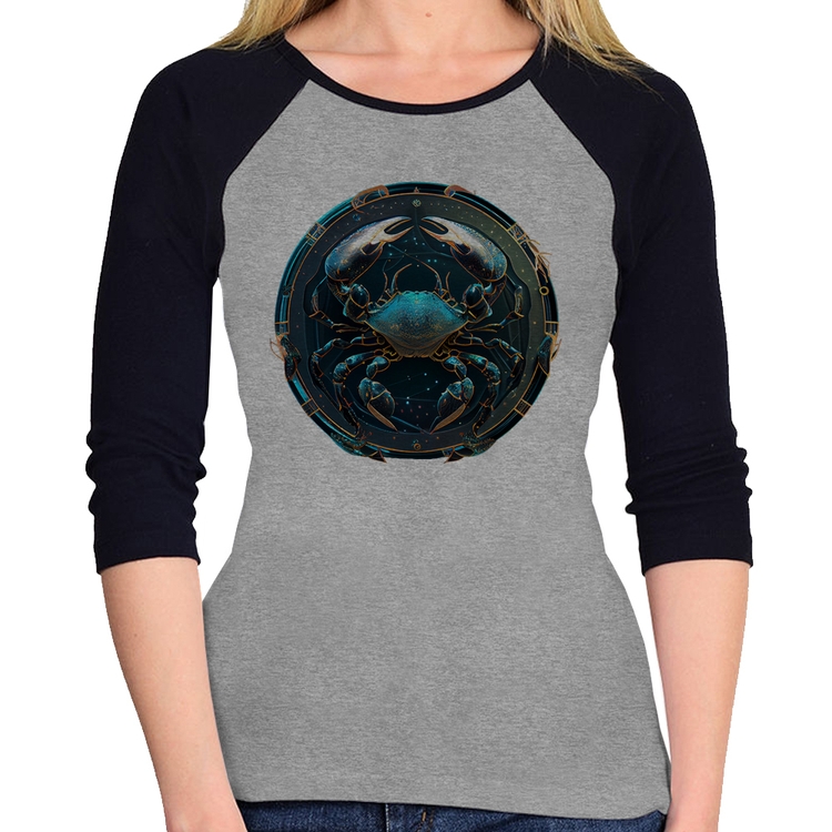Baby Look Raglan Câncer Sígno Manga 3/4 - Cinza/Preto