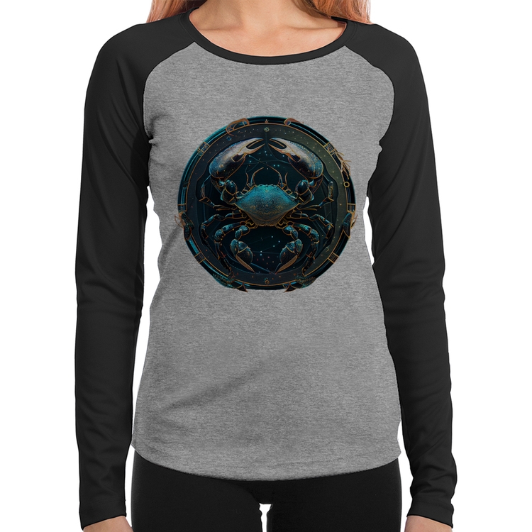 Baby Look Raglan Câncer Sígno Manga Longa - Cinza/Preto