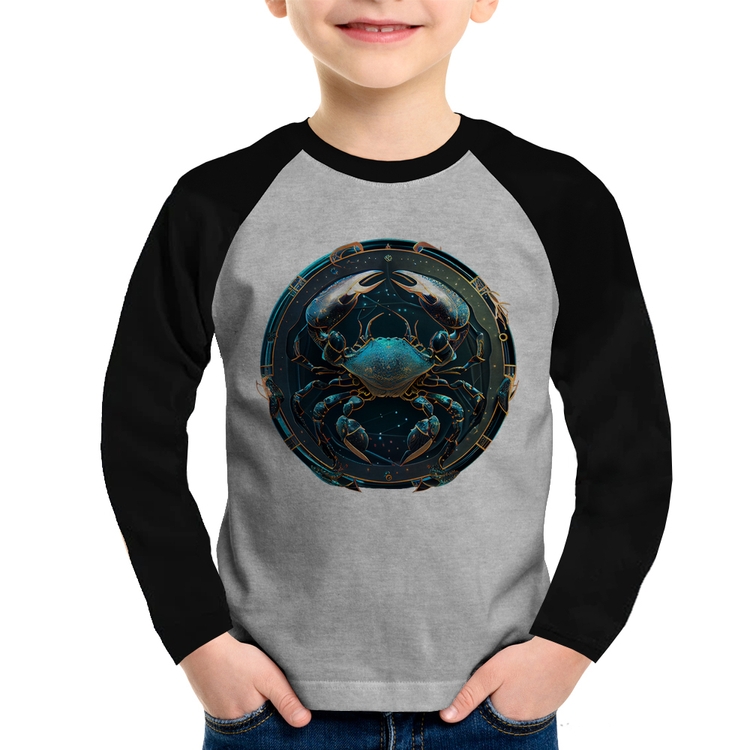 Camiseta Raglan Infantil Câncer Sígno Manga Longa - Cinza/Preto