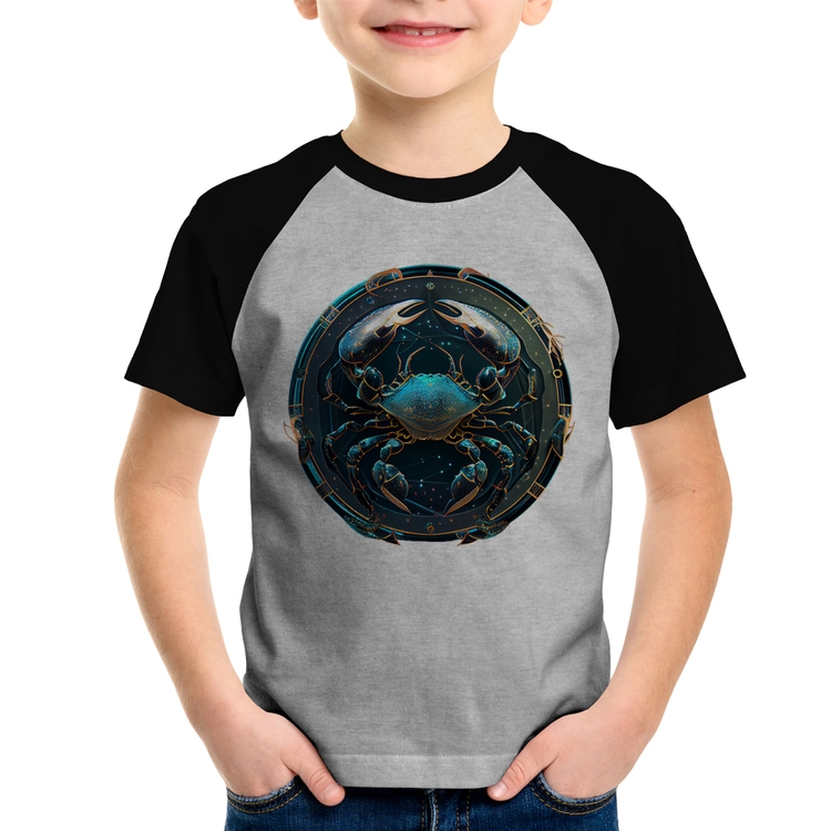 Camiseta Raglan Infantil Câncer Sígno - Cinza/Preto