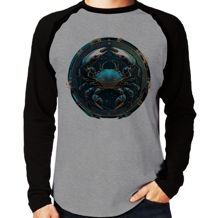 Camiseta Raglan Câncer Sígno Manga Longa - Cinza/Preto