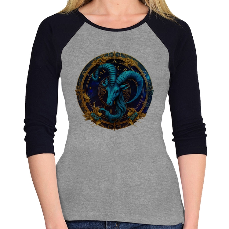 Baby Look Raglan Capricórnio Sígno Manga 3/4 - Cinza/Preto