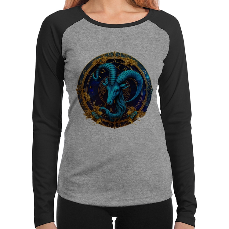 Baby Look Raglan Capricórnio Sígno Manga Longa - Cinza/Preto