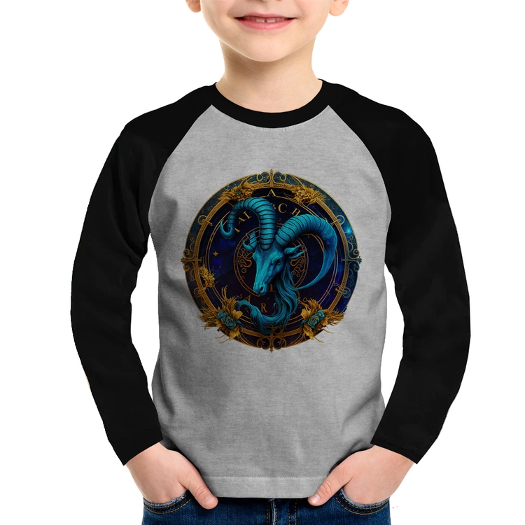 Camiseta Raglan Infantil Capricórnio Sígno Manga Longa - Cinza/Preto