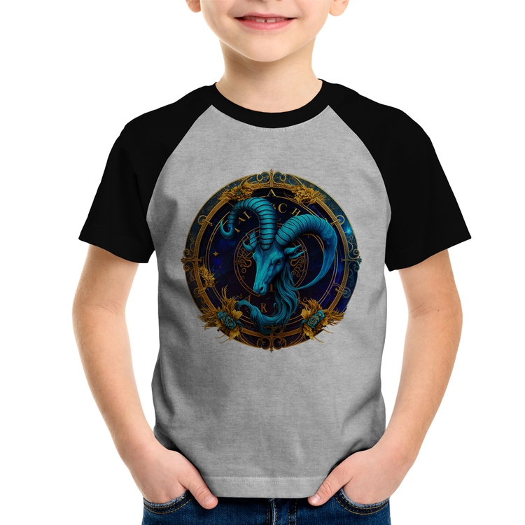 Camiseta Raglan Infantil Capricórnio Sígno - Cinza/Preto