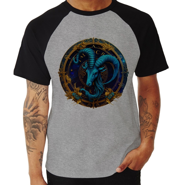 Camiseta Raglan Capricórnio Sígno - Cinza/Preto
