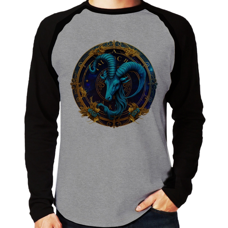 Camiseta Raglan Capricórnio Sígno Manga Longa - Cinza/Preto