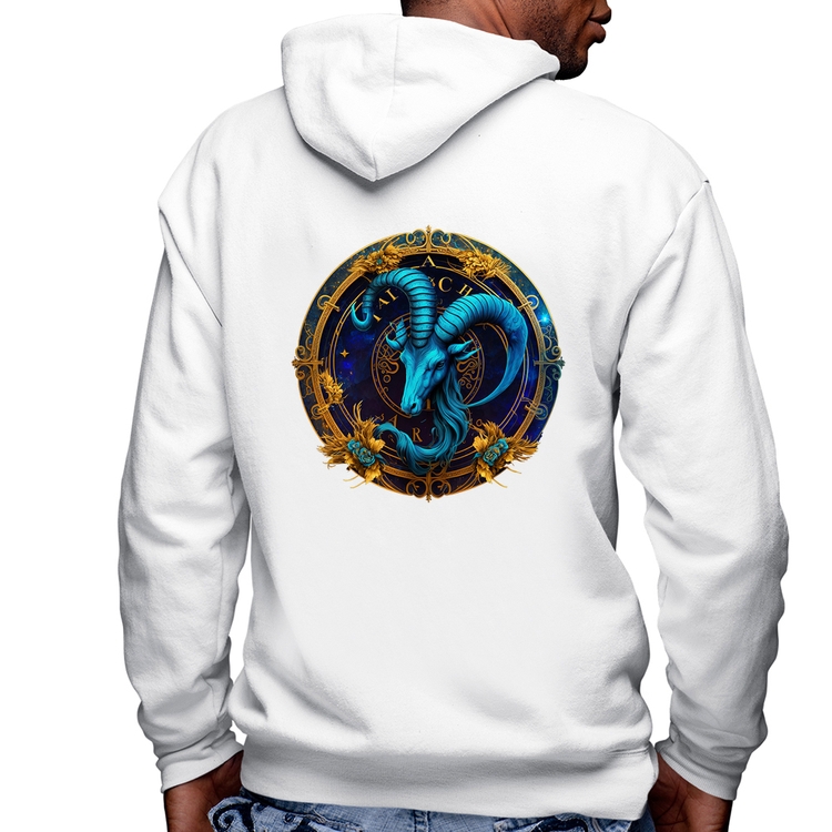 Blusa Moletom Capricórnio Sígno Masculina com Capuz e Zíper - Branca