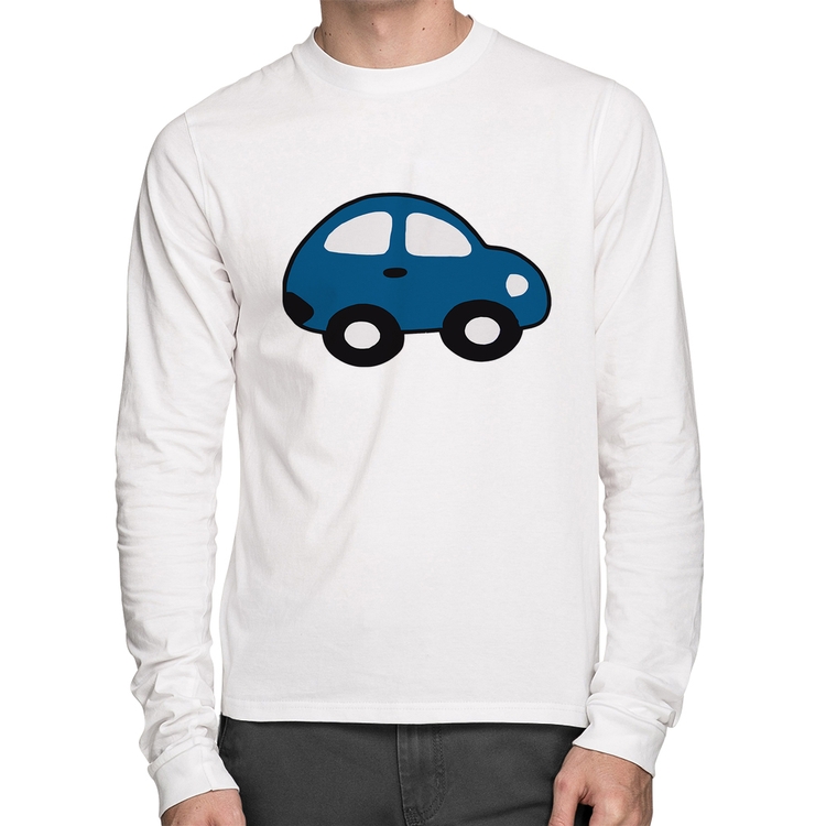 Camiseta Algodão Carrinho Azul Manga Longa - Branca