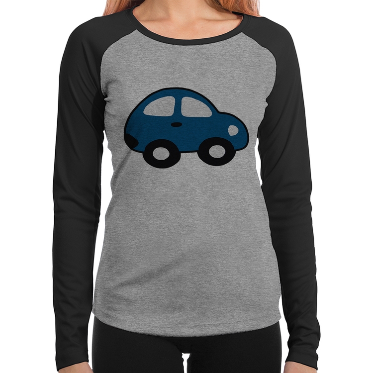 Baby Look Raglan Carrinho Azul Manga Longa - Cinza/Preto