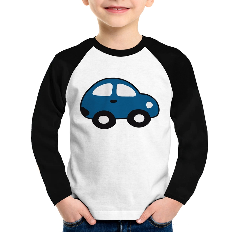 Camiseta Raglan Infantil Carrinho Azul Manga Longa