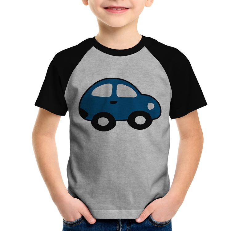Camiseta Raglan Infantil Carrinho Azul - Cinza/Preto
