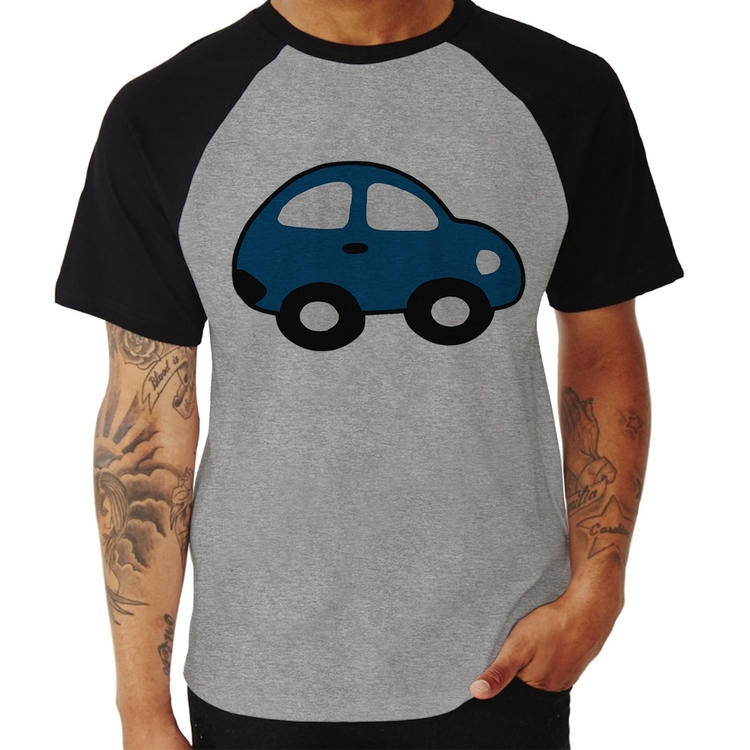 Camiseta Raglan Carrinho Azul - Cinza/Preto
