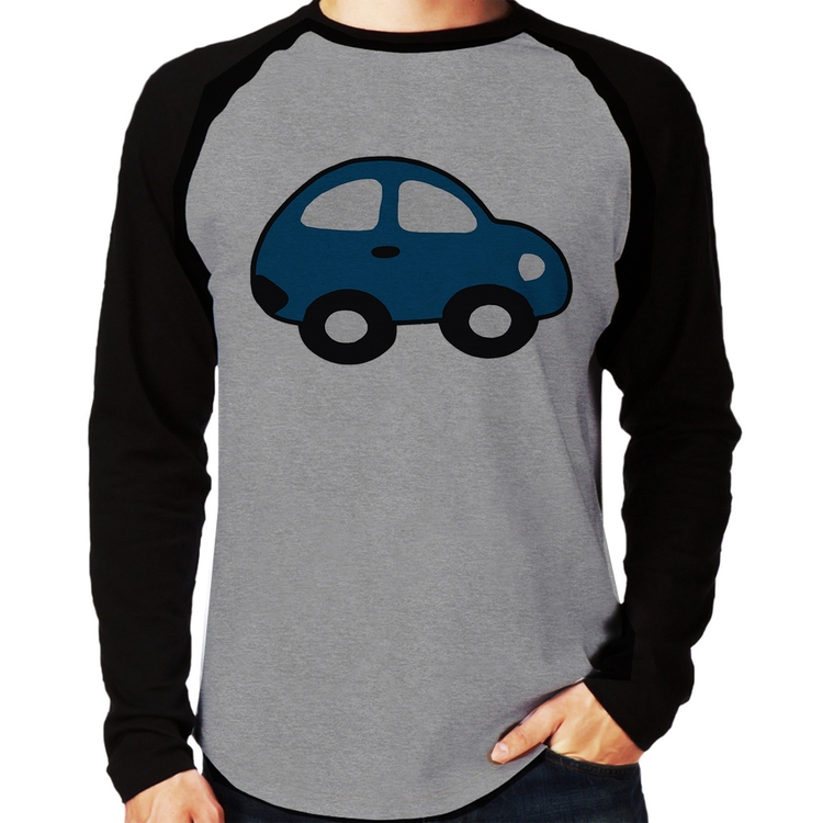Camiseta Raglan Carrinho Azul Manga Longa - Cinza/Preto