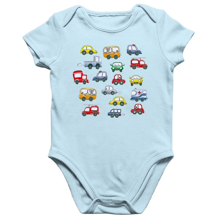 Body Bebê Algodão Carrinhos Coloridos - Azul Bebê
