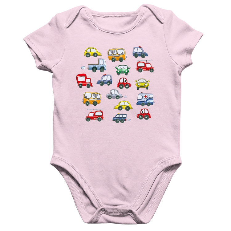 Body Bebê Algodão Carrinhos Coloridos - Rosa Bebê