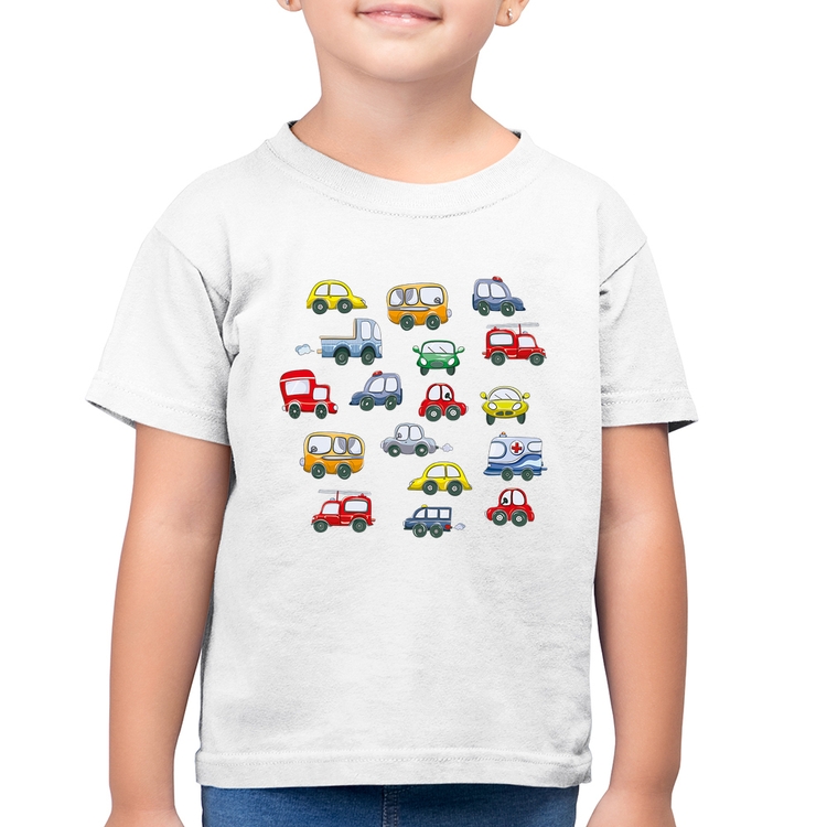 Camiseta Algodão Infantil Carrinhos Coloridos - Branca