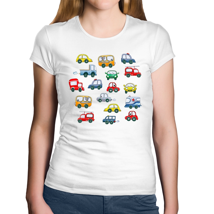 Baby Look Algodão Carrinhos Coloridos - Branca