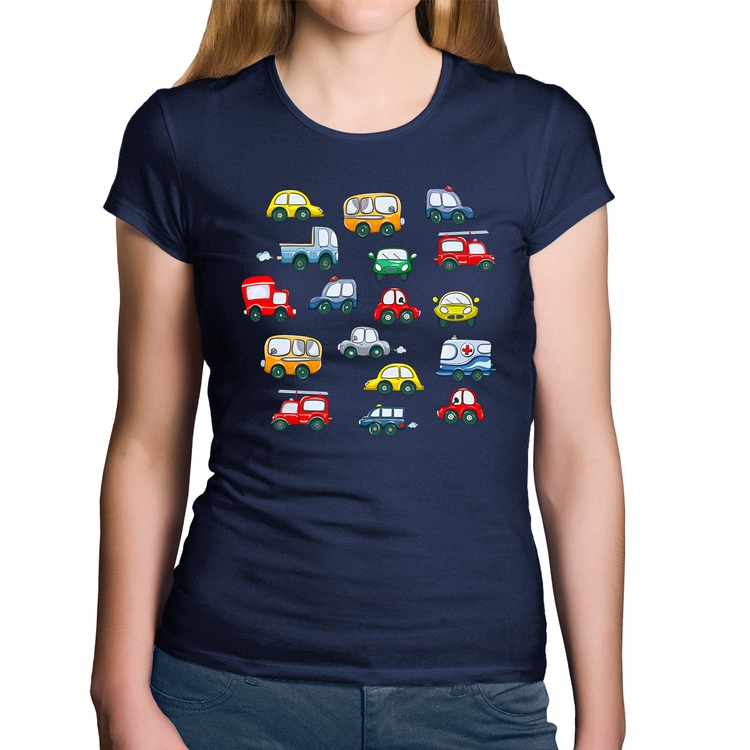 Baby Look Algodão Carrinhos Coloridos - Marinho