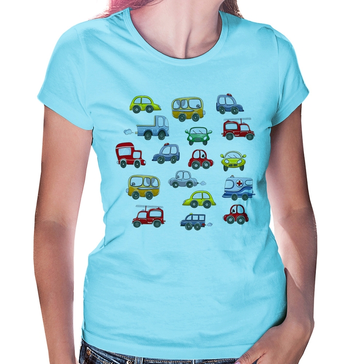 Baby Look Carrinhos Coloridos - Azul Bebê