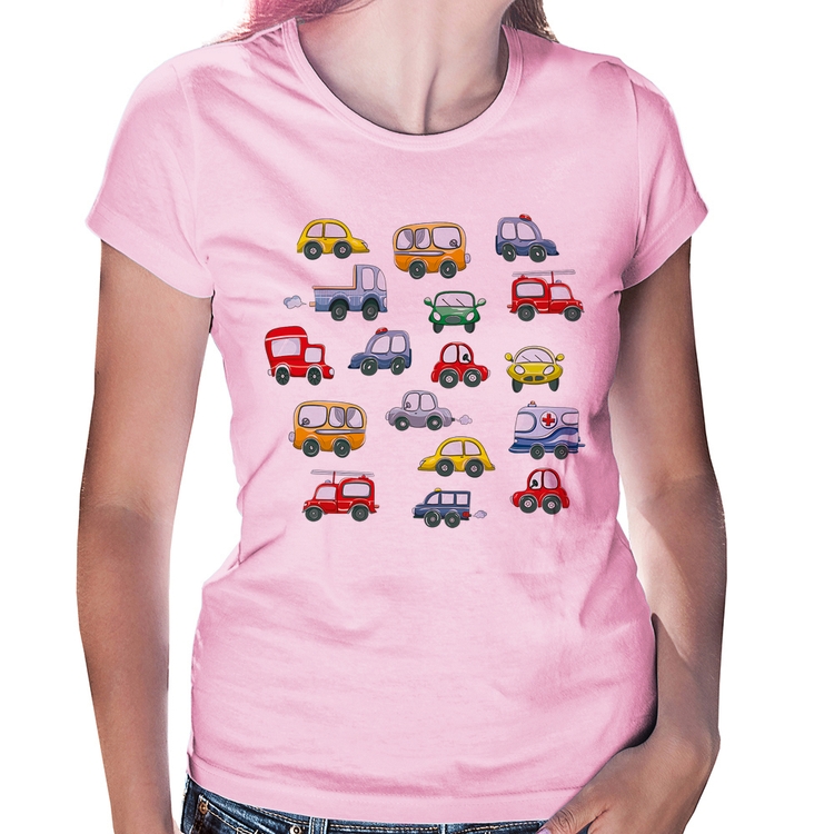 Baby Look Carrinhos Coloridos - Rosa Bebê