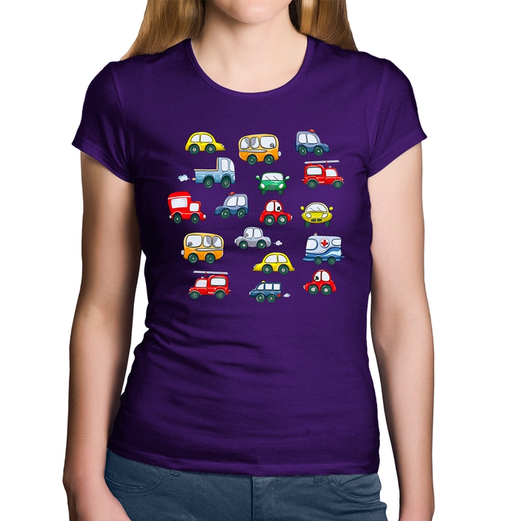 Baby Look Algodão Carrinhos Coloridos - Roxa